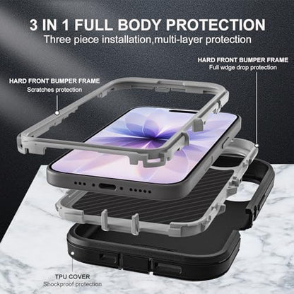 YKHJKLEC for iPhone 17 Case, Military Grade 3 in 1 Heavy Duty Shockproof/Drop Proof/Dust Proof Case with 2Pcs Tempered Glass Screen Protector (Black/Grey) - color: Black/Grey