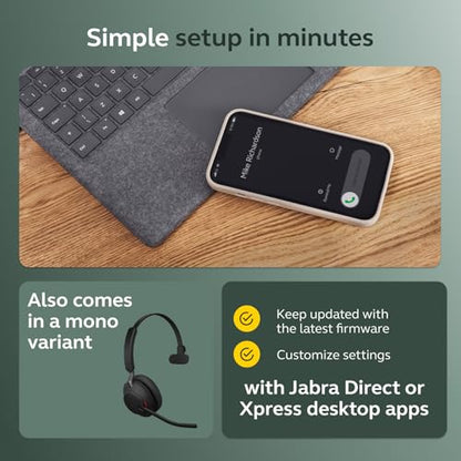 Jabra Evolve2 65 Bluetooth Wireless Headset with Mic for Calls and Music, Dual-Ear Headphones with USB-C Adapter, Up to 37 Hours Battery, Noise-Cancelling, Works with Online Meeting Apps, Black - size: USB-C Dongle, style: All Platforms