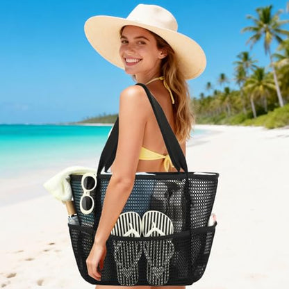 GYEUKHAM Mesh Beach Bag for Women, Sand-Resistant Pool Tote, 9 Pockets (1 Inner Zip), Foldable Family Travel Essentials - color: 6 Pockets-black