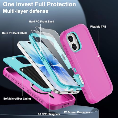 Magnetic for iPhone 17 Case Heavy Duty Military-Grade Shockproof,Anti-Slip 3-Layer Rugged Drop Protection with Screen Protector,Compatible with MagSafe,Anti-Scratch for iPhone17 Phone Cover (Pink) - color: Pink-m