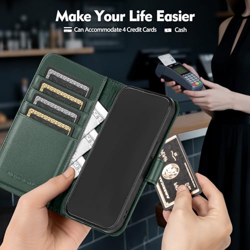 Compatible with iPhone 14 Pro Max Genuine Leather Case Wallet with Card Holder,Women Men Real Leather Flip Folio RFID Blocking Credit Card Slots Phone Cover,for Apple 14 ProMax,Green - color: Green, size: iPhone 14 Pro Max - 6.7"
