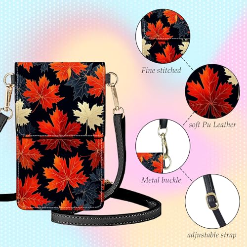 Small Crossbody Bags for Women Touchscreen Cell Phone Bag Cross Body Purses with adjustable Strap,Gifts For Teenage Girls - color: White & Red Leaves