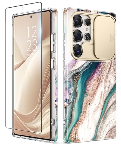 GVIEWIN for Samsung Galaxy S25 Ultra Case with Slide Camera Cover, [Screen Protector] [Shockproof Military Grade Drop Protection] Marble Slim Fit Hard PC Phone Cover S25 Ultra 6.9" 2025 (Drift Sand) - color: C-Drift Sand/Brown, size: For Galaxy S25 Ultra