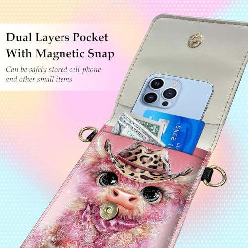 Small Crossbody Bags for Women Touchscreen Cell Phone Bag Cross Body Purses with adjustable Strap,Gifts For Teenage Girls - color: Pink Highland Cow
