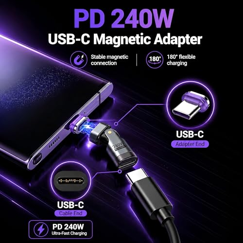 USB C Magnetic Adapter (2 Pack) USB Type C 180° Rotation Adapter 16PIN PD 240W Right Angle Adapters Type C Magnetic Connector for 1Phone 17/16/15/Ma-Book/1Pad,Samsung Galaxy,Google Pixel,Laptop