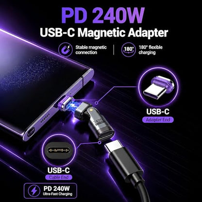 USB C Magnetic Adapter (2 Pack) USB Type C 180° Rotation Adapter 16PIN PD 240W Right Angle Adapters Type C Magnetic Connector for 1Phone 17/16/15/Ma-Book/1Pad,Samsung Galaxy,Google Pixel,Laptop