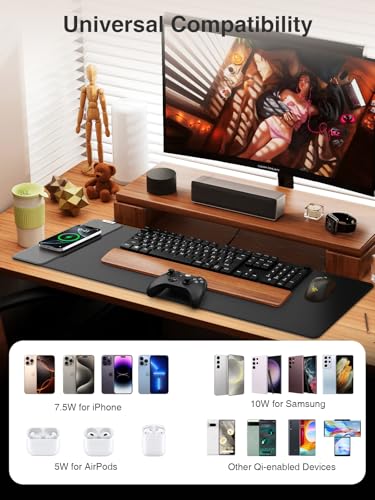 Magnetic Wireless Charging Mouse Pad, 31.5"x11.8" Large Desk Mat - color: Black-31.5"x11.8"-Mag