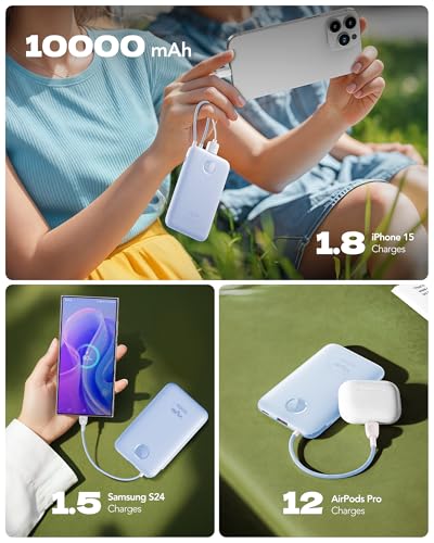 VIYISI Ultra Slim Portable Charger Small 10000mah with Built-in USB C Cable - color: Blue