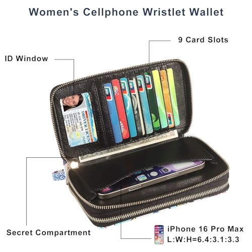Cellphone Wallet for Women with Wrist Strap, RFID Blocking Credit Card Holder Large Size Clutch Purse, Owl - color: Owl