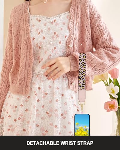 Nipichsha Crossbody Phone Strap with Wallet, Clip and Go Strap for Phone - color: Pink Leopard
