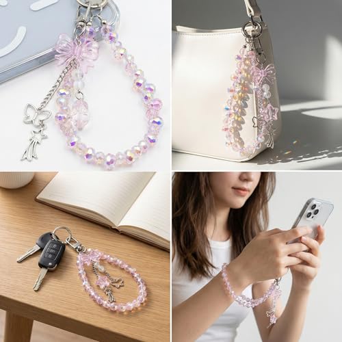 Crystal Beaded Phone Wrist Strap, Cute Cellphone Lanyard Chain, Bow Keychain Wristlet Bag Charms for Women - color: Pink