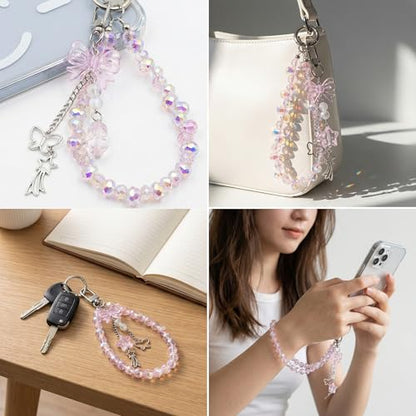 Crystal Beaded Phone Wrist Strap, Cute Cellphone Lanyard Chain, Bow Keychain Wristlet Bag Charms for Women - color: Pink