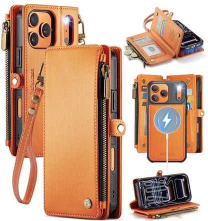 Defencase for iPhone 17 Pro Max Case Wallet Compatible with Magsafe, Orange | Drop-Proof Magnetic Detachable Phone Cases Cover, with RFID Bolcking Card Holder, Zipper Strap, PU Leather, Removable Wallet - color: (Detachable with Magsafe)-Orange