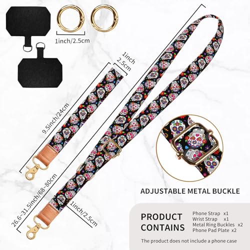 Phone Lanyard Crossbody Wrist Strap, Universal Adjustable Neck Strap for Phone Case Keys ID Badges - color: Cute Flower Skulls