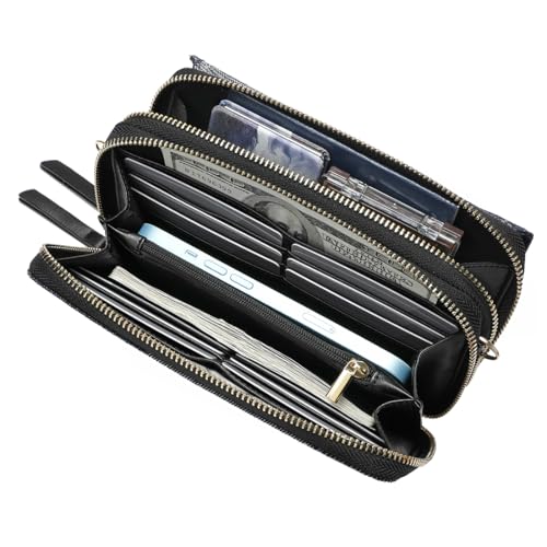 RFID Crossbody Wallet Wristlet Purse with Phone Pocket For Women Vegan Leather - color: Navy Blue -Denim