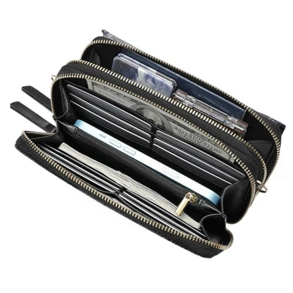 RFID Crossbody Wallet Wristlet Purse with Phone Pocket For Women Vegan Leather - color: Navy Blue -Denim