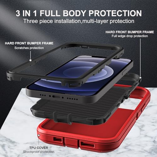 YKHJKLEC for iPhone 12/12 Pro Case, Compatible with Magsafe, Military Grade 3 in 1 Heavy Duty Shockproof/Drop Proof/Dust Proof with 2Pcs Tempered Glass Screen Protector (New-Red/Black) - color: New-Red/Black