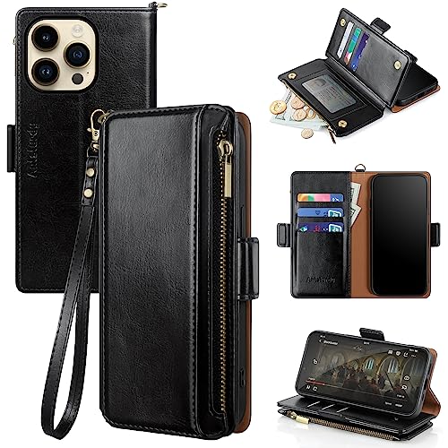Antsturdy for iPhone 14 Pro Phone Wallet Case Women,Black | RFID Blocking,with Credit Card Holder Slots,PU Leather Purse,Zipper Pocket,Wrist Strap Kickstand,Flip Folio Cover for Men - color: A-Black