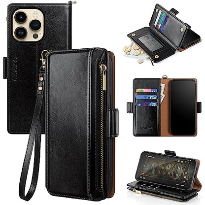 Antsturdy for iPhone 14 Pro Phone Wallet Case Women,Black | RFID Blocking,with Credit Card Holder Slots,PU Leather Purse,Zipper Pocket,Wrist Strap Kickstand,Flip Folio Cover for Men - color: A-Black