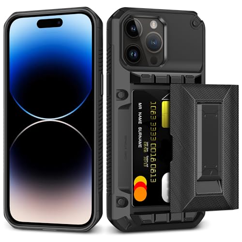 SAMONPOW for iPhone 14 Pro Case with Card Holder [4 Cards] &Kickstand Black - size: for iPhone 14 Pro
