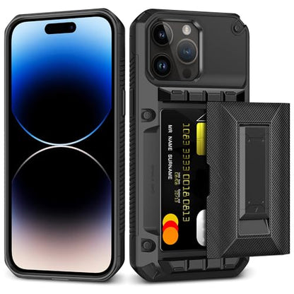 SAMONPOW for iPhone 14 Pro Case with Card Holder [4 Cards] &Kickstand Black - size: for iPhone 14 Pro