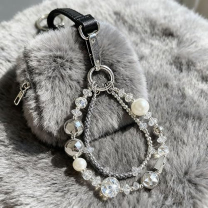 Luxury Pearl Phone Wrist Strap Crystal Diamond Beaded Keychain Wristlet for Phone Chain Wristlet Glitter Rhinestone Cellphone Lanyard Dual Chains Phone Strap Wrist Keychain Bag Charms for Handbags