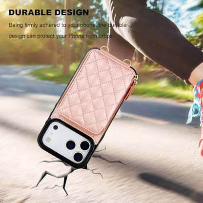 Bocasal Crossbody Wallet Case Card Holder for iPhone 17 Pro Max Rose Gold | RFID Blocking PU Leather Zipper Handbag Purse, Kickstand Flip Folio Case with Card Slots Holder Wrist Strap Lanyard 6.9 Inch - color: Rose Gold