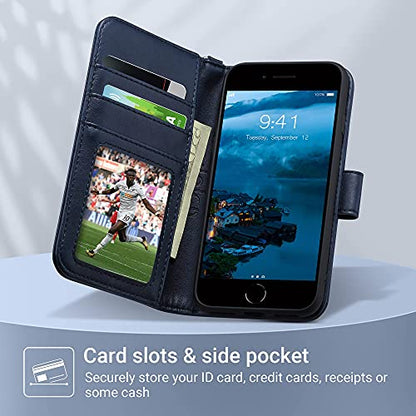 ULAK for iPhone SE 3(2022)/SE(2020)/8/7 Wallet Case Card Holder, Blue | Premium PU Leather Flip Case with Kickstand Card Slots,RFID Blocking,Wrist Strap, Durable Shockproof Cover 4.7 Inch - color: Blue