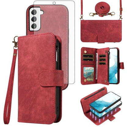 Asuwish Phone Case for Samsung Galaxy S22 5G Zipper Wallet Detachable Magnetic Cover with Tempered Glass Screen Protector Crossbody Lanyard Strap Card Holder S 22 22S 4G G5 6.1 inch Women Girls Red - color: Red
