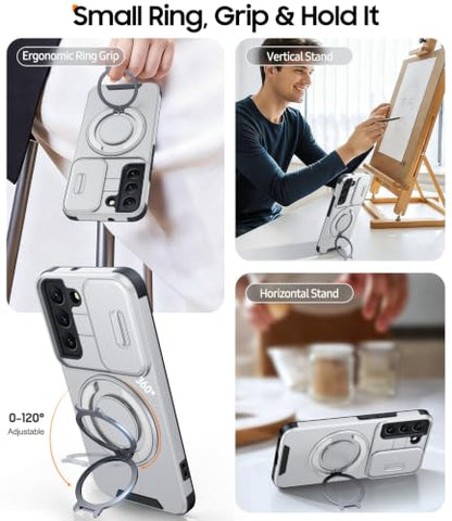 JAME for Samsung Galaxy S22 Case with Ring Stand & Slide Camera Cover - color: Silver, size: Galaxy S22