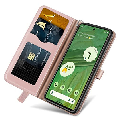 Wallet Case for Google Pixel 7 with Card Holder/Slot,PU Leather Folio Flip Shell [Kickstand][Magnetic Closure][Wrist Strap] Shockproof Cover Fit Google Pixel 7, Rose Gold - color: Rose gold, size: Google Pixel 7