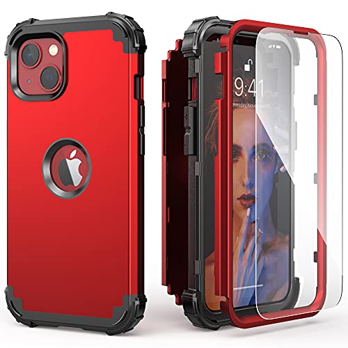 IDweel for iPhone 15 Case with Tempered Glass Screen Protector, 3 in 1 Shockproof Slim Hybrid Heavy Duty Hard PC Cover Soft Silicone Bumper Full Body Case,Red - color: Red
