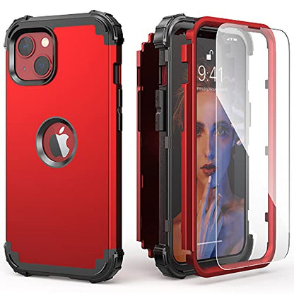 IDweel for iPhone 15 Case with Tempered Glass Screen Protector, 3 in 1 Shockproof Slim Hybrid Heavy Duty Hard PC Cover Soft Silicone Bumper Full Body Case,Red - color: Red