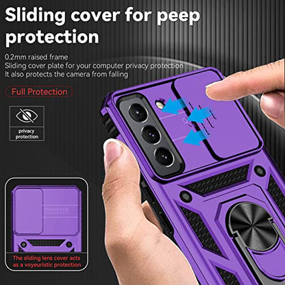 for Samsung Galaxy S22 Case with Camera Lens Cover HD Screen Protector, Dual Layer Military-Grade Drop Tested Magnetic Ring Holder Kickstand Protective Phone Case for Samsung Galaxy S22 5G (Purple) - color: Purple with camera cover Military-Grade 2nd gen