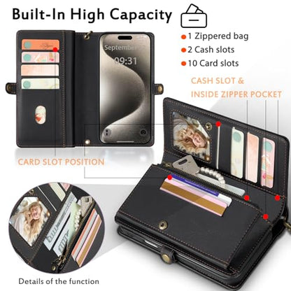 for Wallet Case Compatible with iPhone 15 Pro Max,Multi-Function Detachable 2 in 1 Magnetic iPhone 15 Pro Max Case Wallet,Flip Strap Zipper Card Holder Phone Case with Shoulder Straps (Black) - color: Black, size: iPhone 15 pro max