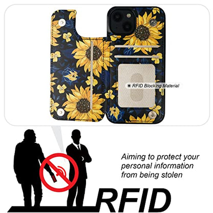 HAOPINSH for iPhone 14 Wallet Case with Card Holder, Blooming Sunflowers Pattern Back Flip Folio PU Leather Kickstand Card Slots Case for Women Girls, Double Magnetic Clasp Shockproof Cover 6.1" - color: Blooming Sunflowers