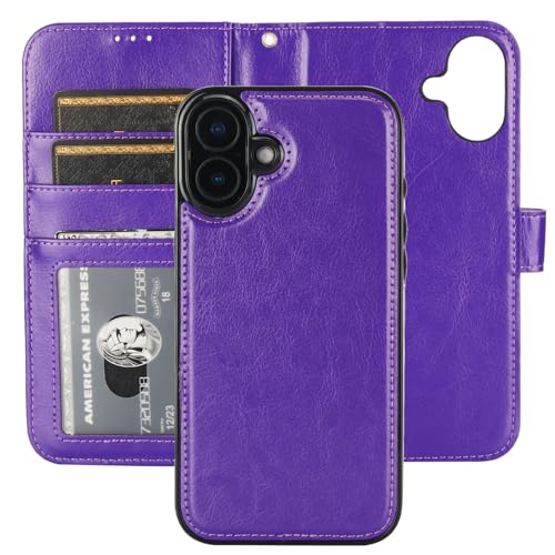 Bocasal Detachable Wallet Case Card Holder for iPhone 16 Plus, Purple | RFID Blocking Kickstand Card Slots Holder PU Leather Magnetic Shockproof Wrist Strap Removable Flip Protective Cover 6.7 inch - color: Purple