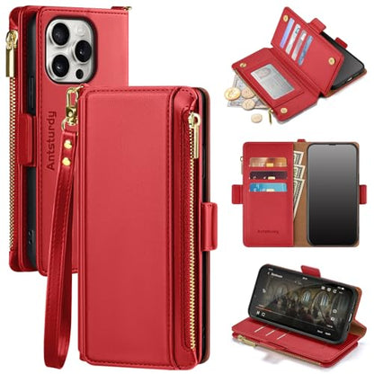 Antsturdy for iPhone 16 Pro Max Phone Wallet Case Women,Red | RFID Blocking,with Credit Card Holder Slots,PU Leather Purse,Zipper Pocket,Wrist Strap Kickstand,Flip Folio Cover for Men - color: Red