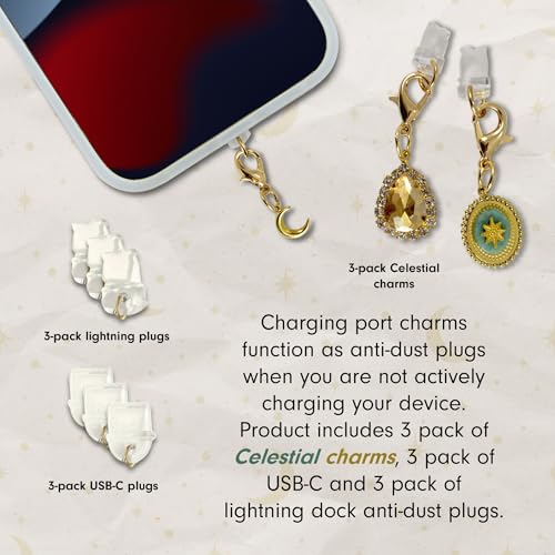 Sonix Dust Plugs - USB C + Lightning Compatible - Charging Port Charms (3 Pack) - Celestial - Sunburst, Teardrop Jewel, Crescent Moon - color: Celestial