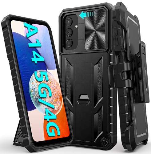 FNTCASE for Samsung Galaxy A14-5G Case with Slide Camera Cover & Holster | Built in Kickstand, Military Grade Dropproof Protection, Heavy Duty Rugged Phone case, Outdoor Protection - color: Black Matte