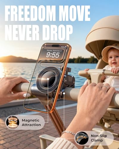 Magnetic Gym Stroller Phone Holder with Clamp, 16 x N55 Strong Magnet Phone Mount, 360° Rotating & 60° Tilt for Treadmill/Exercise Bike/Golf Cart/Shopping Cart, Fit for iPhone 12-17