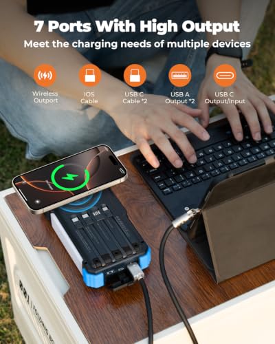 BLAVOR Solar Power Bank with Hand Crank and Built-in 4 Cables 20000mAh - color: Blue
