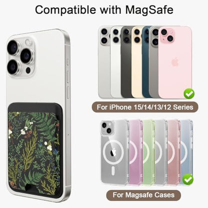 uCOLOR Upgraded Magnetic Cell Phone Wallet Card Holder-Compatible with MagSafe for iPhone 17/16/ 15/14/13/12 Series, Leather Magsafe Wallet for Back of Phone (Ferns) - color: Ferns