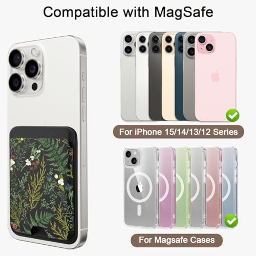 uCOLOR Upgraded Magnetic Cell Phone Wallet Card Holder-Compatible with MagSafe for iPhone 17/16/ 15/14/13/12 Series, Leather Magsafe Wallet for Back of Phone (Ferns) - color: Ferns