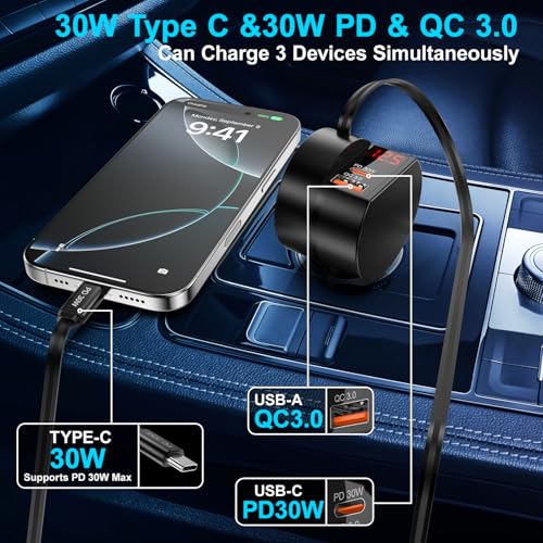 Retractable Car Charger, 2-Pack 78W 3 in 1 Car Charger USB C Fast Charger - color: Black-2Pcs