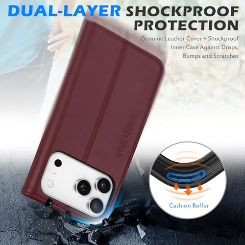 SHIELDON Genuine Leather Case Wallet for iPhone 17 Pro Max 6.9", Wine Red | Magnetic Closure, RFID Blocking, Credit Card Slot, Kickstand, Flip Book Design, Soft Shockproof Phone Cover - color: Wine Red