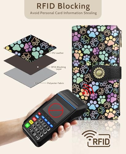 GIANCOMICS Puppy Dog Paw Womens Wallet RFID, Cute Credit Card Holder Bifold | Billfold, Cute Cash Purse, Travel Zipper Coin Pocket, Compact Clutch, PU Leather, ID Window, 11 Card Slots, Ladies Gift Woman - color: Colorful Paw