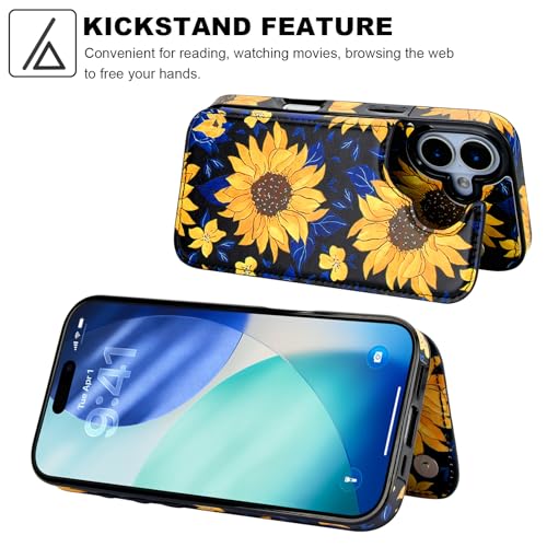 HAOPINSH Wallet Case with Card Holder for Phone 17, Blooming Sunflowers Pattern Back Flip Folio PU Leather Kickstand Card Slots Case, Double Magnetic Clasp Shockproof Cover 6.3" - color: Blooming Sunflowers