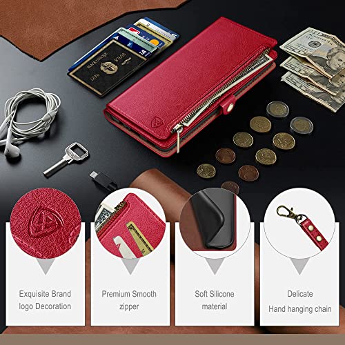 XcaseBar Compatible with ‌iPhone 16e 6.1"/17e 6.1" Wallet case with Zipper Credit Card Holder【RFID Blocking】,Flip Folio Book PU Leather Phone case Shockproof Cover Women Men for Apple 16e case Red - color: Red