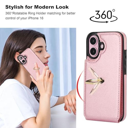 Folosu Compatible with iPhone 16 Case Wallet with Card Holder, 360°Rotation Finger Ring Holder Kickstand, RFID Blocking Leather Protective Double Buttons Shockproof Cover 6.1 Inch Rose Gold - color: Rose Gold
